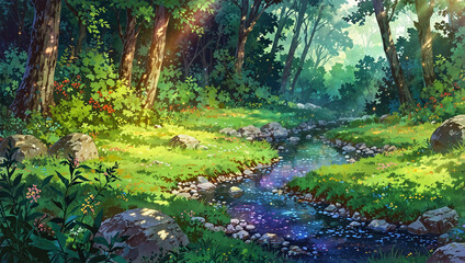 Obraz premium anime style background, forest with fireflies