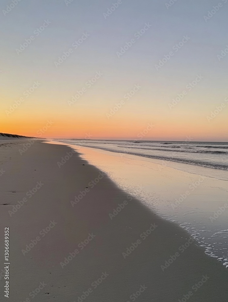Poster Sunset over an empty beach with smooth sand and gentle waves reflecting distant colors on the horizon Generative AI