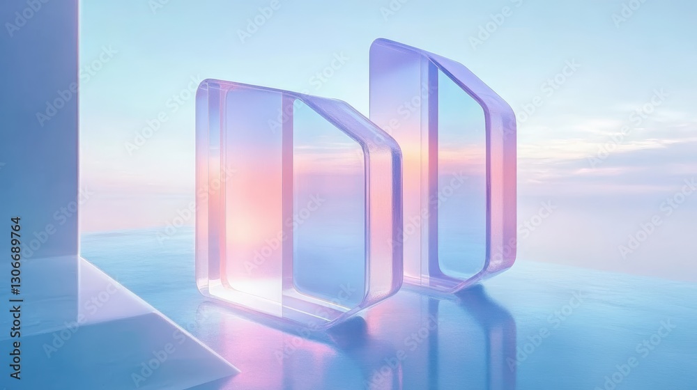 Poster ethereal abstract geometry with soft color gradients in a serene background highlighting transparenc