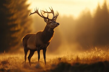 A magnificent stag gazes confidently into the distance as the warm autumn sunlight filters through the trees, exuding strength and natural beauty in perfect harmony.