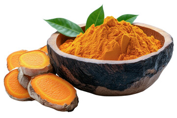 turmeric powder in wooden bowl with fresh turmeric root