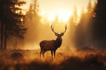 A magnificent stag stands elegantly amidst a golden sunrise, surrounded by misty forests, capturing the essence of nature's beauty and tranquility in the early morning light.