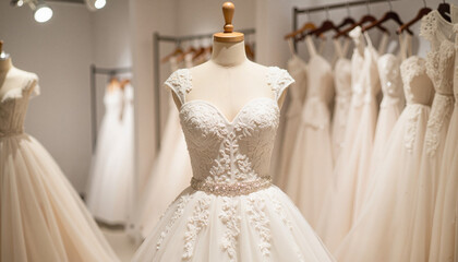 Elegant wedding dress displayed in boutique showroom, bridal beauty