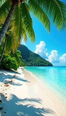 Sun-drenched white sand beach, turquoise water, tropical vibes, tropical, beach, sky