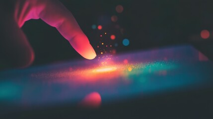 Finger touching glowing icon on digital interface for innovative technology and interaction