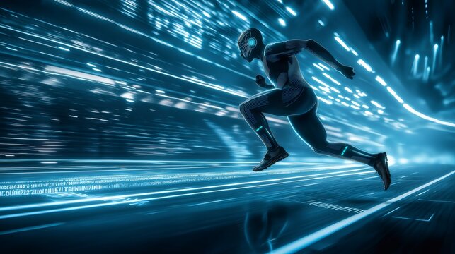 Futuristic sprinter competing in high speed virtual reality race