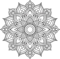 Elegant Floral Mandala Art Featuring Symmetrical Blooms and Graceful Swirls, Geometry Mandala for Spiritual Healing, silhouette vector style with white background