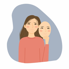 illustration of a sad woman wearing a pink sweater, holding a smiling mask in front of her face, symbolizing hidden emotions or pretending to be happy