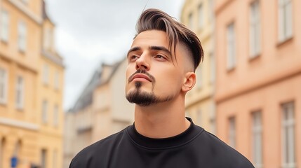 Thoughtful young man looking up with a stylish haircut on a city street with soft natural light and buildings