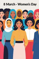 Obraz premium An artistic vector design of women from various backgrounds uniting for Women's Day, featuring bold colors, flat style, and a feminist empowerment theme