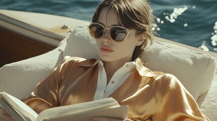 Woman Lounging on Yacht Wearing Oversized Sunglasses Enjoying Ocean Breeze