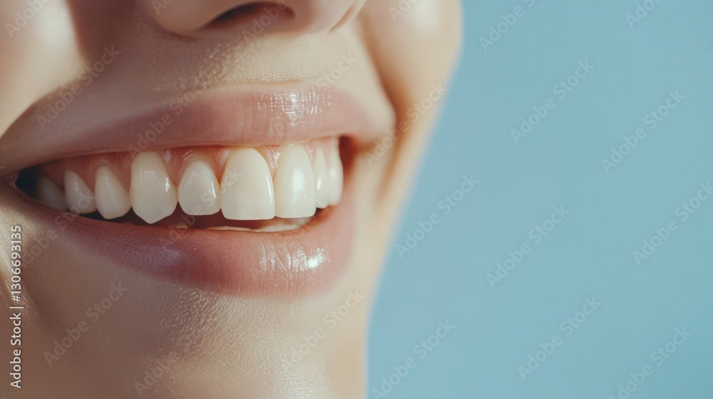Poster smiling mouth with bright white teeth and pastel blue background creating an inviting atmosphere for