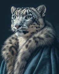 Obraz premium Majestic snow leopard wearing luxurious fur and teal robe