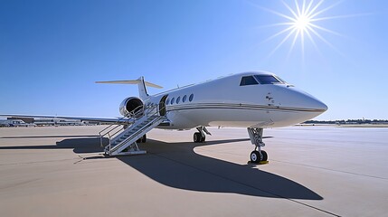 jet engine visible on commercial airplane parked at airport with passenger stairs and clear blue sky background perfect for aviation and travel concept