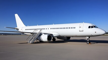 Obraz premium jet engine visible on commercial airplane parked at airport with passenger stairs and clear blue sky background perfect for aviation and travel concept