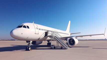 Fototapeta premium jet engine visible on commercial airplane parked at airport with passenger stairs and clear blue sky background perfect for aviation and travel concept