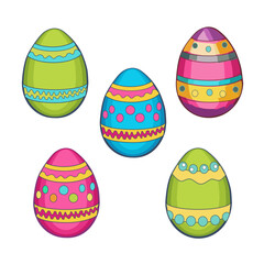Vector illustration of five beautifully decorated Easter eggs in different colors and intricate patterns. Bright pastel shades of pink, blue, green and yellow. For holiday themed designsPrint