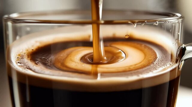 close up 4K video capturing espresso machine dispensing rich steaming coffee cup highlighting art coffee making