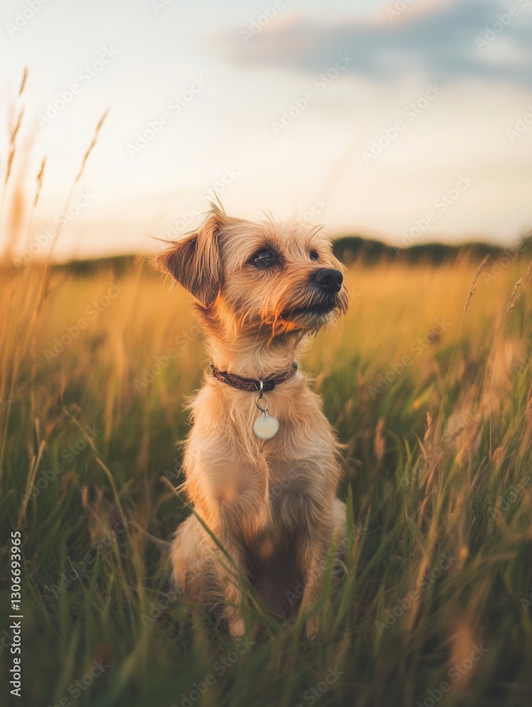 Aufkleber dog enjoys sunset in grassy field with soft sunlight illuminating its fur generative ai