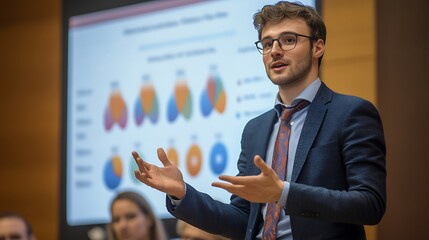 corporate conference with business leader presenting graphs sales reports and ecommerce analytics to group of investors and professionals