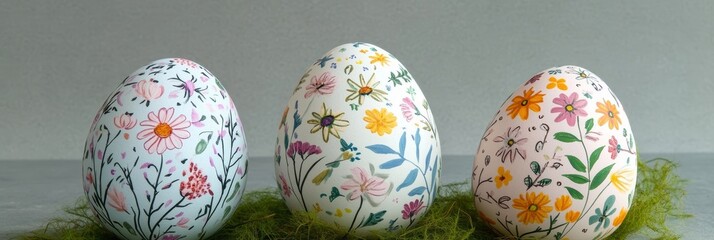 Fototapeta premium Hand-Painted Easter Eggs decorated with Blossom Floral Pattern, Crafts, Spring Background