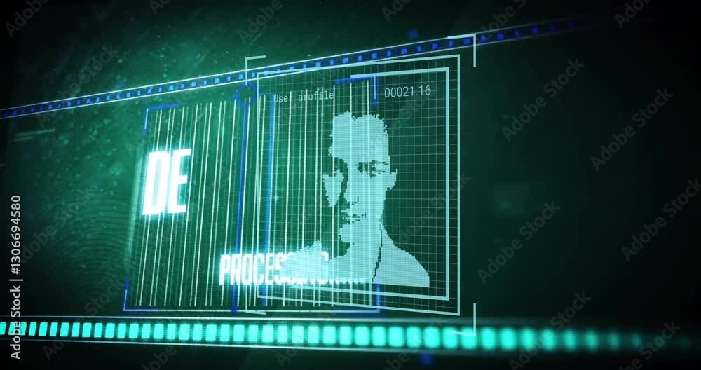 Poster face recognition animation with digital data elements and green grid overlay