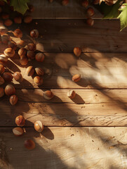 A wooden surface scattered with hazelnuts, showcasing natural textures and shadows.