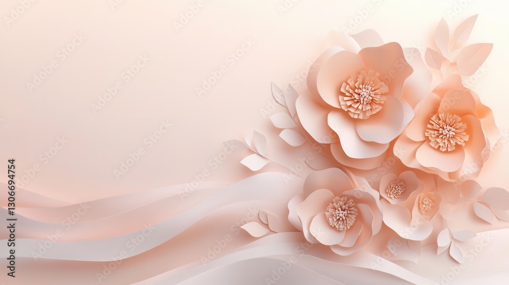 Poster delicate paper art creates a sophisticated background with pastel flowers and soft layers of blush a
