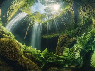 tropical rainforest waterfall, capturing the mystic moss-covered rocks and lustful ferns under the cascade