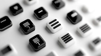 Black and white app icons on white background, software interface design