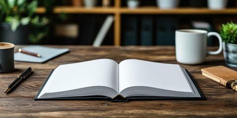 Open blank notebook on wooden desk with coffee cup and plant in modern office workspace setting