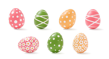 Set of 3D Easter eggs with colorful polka dots, stripes, floral patterns, isolated on white. Realistic festive decor for holiday designs, greeting cards, seasonal projects, Easter celebrations