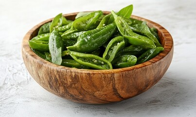 Sliced green peppers in wooden bowl