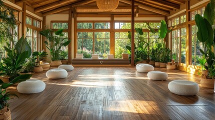 Fototapeta premium Serene Indoor Space with Natural Light, Green Plants, and Cozy Seating for Relaxation and Meditation Sessions