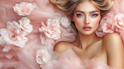 Romantic woman pink flowers gown AI generated