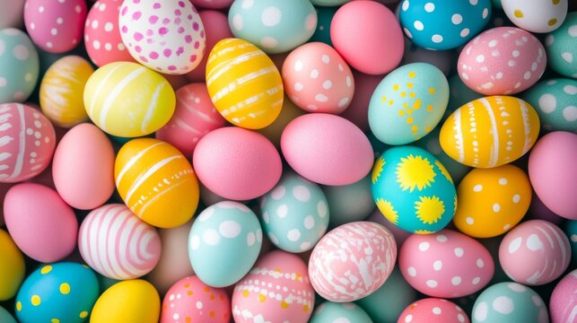 Colorful assortment of decorated easter eggs with intricate patterns and vibrant pastel hues, full frame festive holiday background


