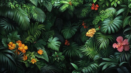 Lush Tropical Jungle Landscape with Vibrant Green Leaves and Colorful Flowers in Natural Ecosystem Scene