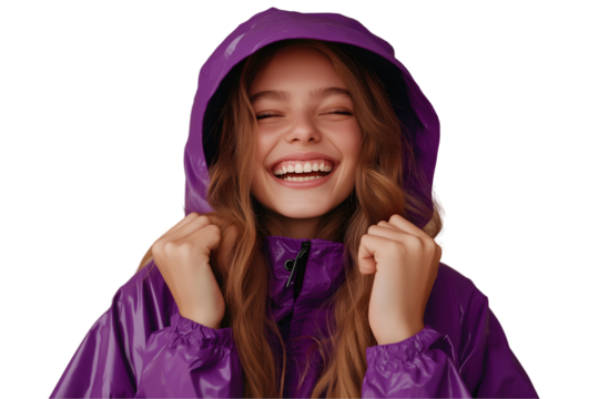 Attractive woman in purple rain suit isolated on white background.