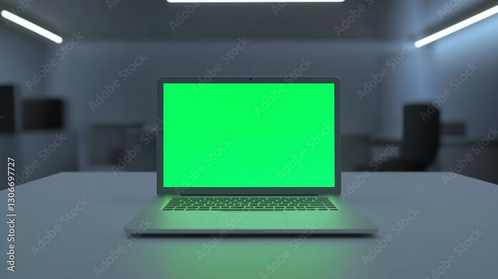 Fototapete 3d realistic render of laptop model front view with green screen chroma key monitor in modern office cool lightened cafe with white lights real clean atmosphere, graphic mockup