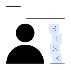 Person figure next to stacked blocks labeled RISK. Ideal for risk management, decision-making, problem-solving, business strategy, personal choices, uncertainty, leadership. Abstract line flat