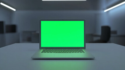 3d realistic render of laptop model front view with green screen chroma key monitor in modern office cool lightened cafe with white lights real clean atmosphere, graphic mockup