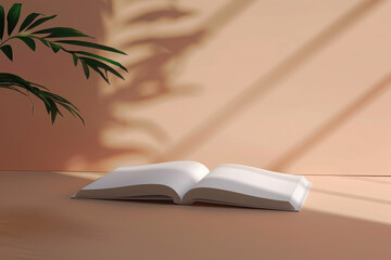 An open book rests on a smooth surface, casting shadows from nearby foliage.