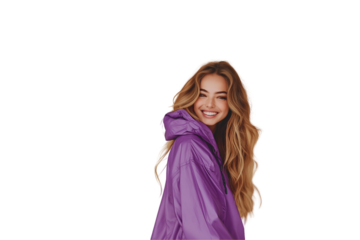 Attractive woman in purple rain suit isolated on white background.
