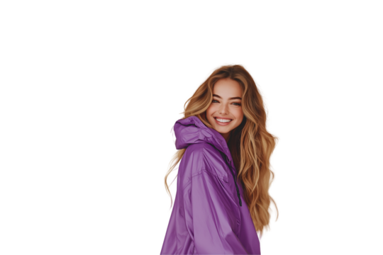 Attractive woman in purple rain suit isolated on white background.