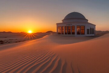Obraz premium An elegant architecture contrasts the vast desert sunset, creating a harmonious blend of human design and natural beauty that evokes inspiration and a sense of calm amidst the wilderness.