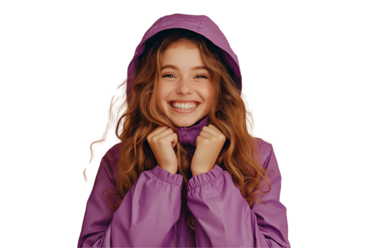 Attractive woman in purple rain suit isolated on white background.