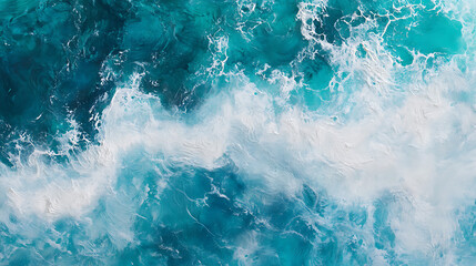 Fototapeta premium Aerial View of Ocean Waves Crashing with Turbulent White Foam and Deep Blue Sea