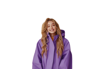 Attractive woman in purple rain suit isolated on white background.