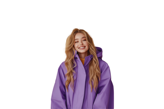 Attractive woman in purple rain suit isolated on white background.