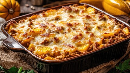 A delicious baked casserole dish with a golden cheese topping